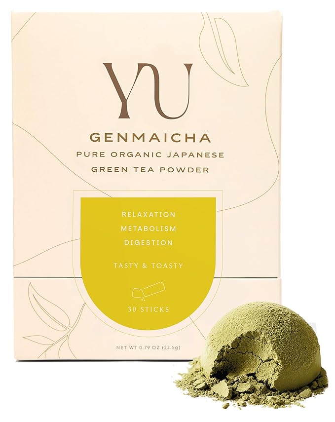 Yu Tea Organic Genmaicha Green Tea Powder, 30 Instant Packets | Japanese Green Tea & Roasted Brown Rice | Low Caffeine & Unsweetened | Relaxation, Antioxidants & Digestion | Single Serve Sticks - Bloomnest