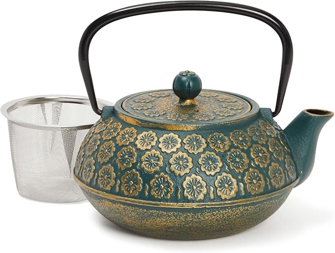 Juvale Cast Iron Tea Kettle with Infuser - 34 oz, Sage Green Floral - Loose Leaf Tea Infuser Pot & Japanese Cast Iron Teapot