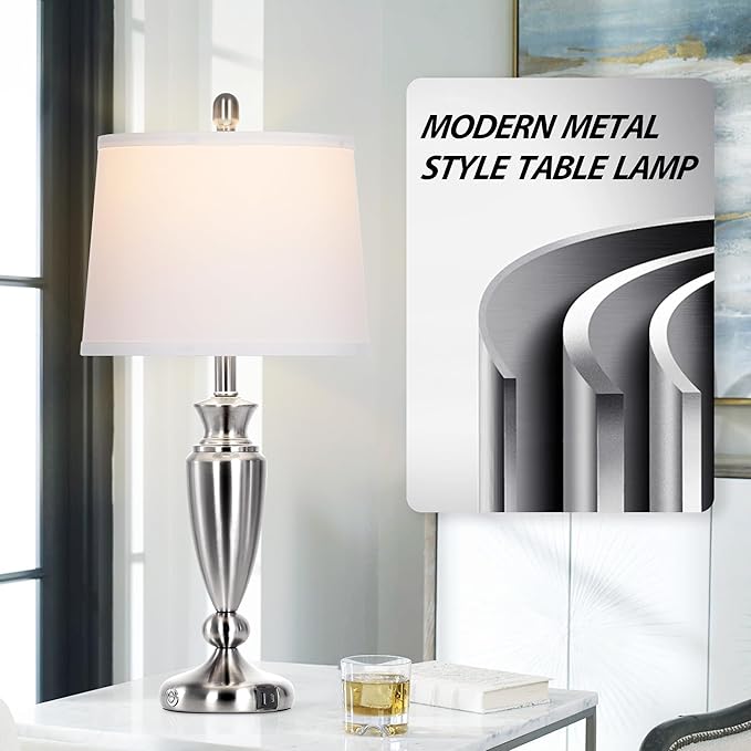 Metal Table Lamps Set of 2, 3 Way Touch Control Silver Bedside Lamps with USB A+C Ports, Modern Brushed Nickel Nightstand Lamps for Bedroom Living Room - Bloomnest