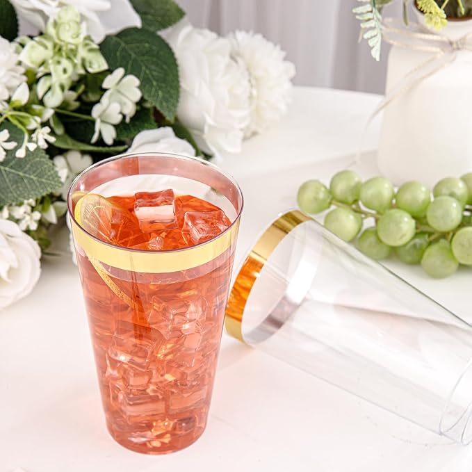 I00000 16 oz Gold Plastic Cups, 50 Pack Clear Plastic Cups Tumblers Gold Rimmed Disposable Cup, Heavy-duty Disposable Cup Perfect for Halloween, Thanksgiving and Christmas Parties - Bloomnest