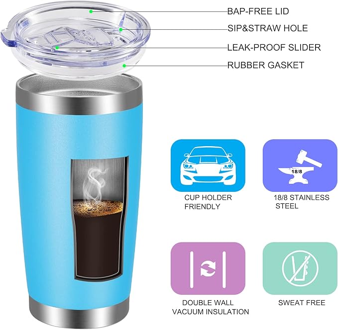 VEGOND 20oz Tumbler with Lid and Straw Stainless Steel Tumbler Cup Vacuum Insulated Double Wall Travel Coffee Mug Powder Coated Coffee Cup(Sky Blue 1 Pack) - Bloomnest