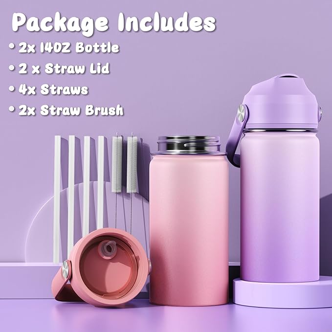 14oz Kids Insulated Water Bottle with Straw Lid - 18/8 Stainless Steel Kid Cup Travel Tumbler Double Wall Vacuum Leak Proof Portable Toddler Water Bottle (Pink+Purple） - Bloomnest