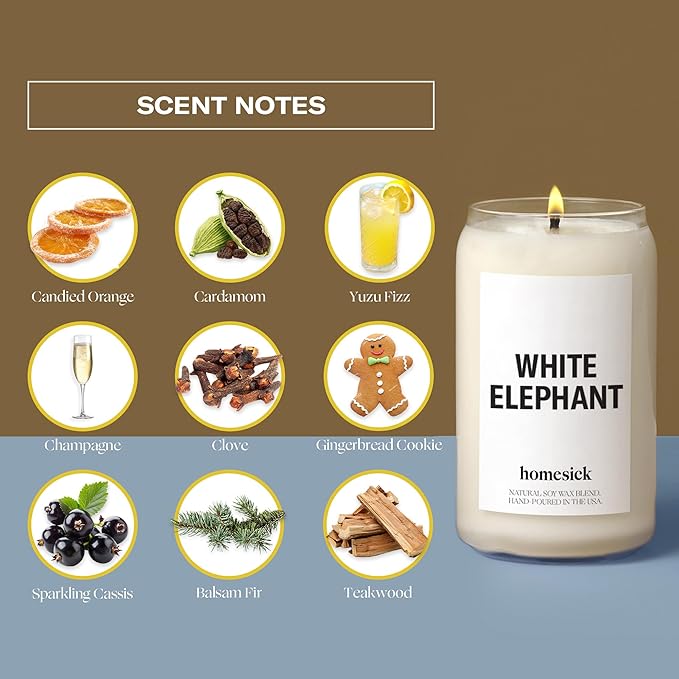 Homesick Scented Candles for Home (White Elephant) - 13.75 oz Long-Lasting Soy Wax Blend Jar Candle Gifts for Women & Men, 60-80 Hours Burn Time - Notes of Candied Orange, Champagne & Sparkling Cassis - Bloomnest