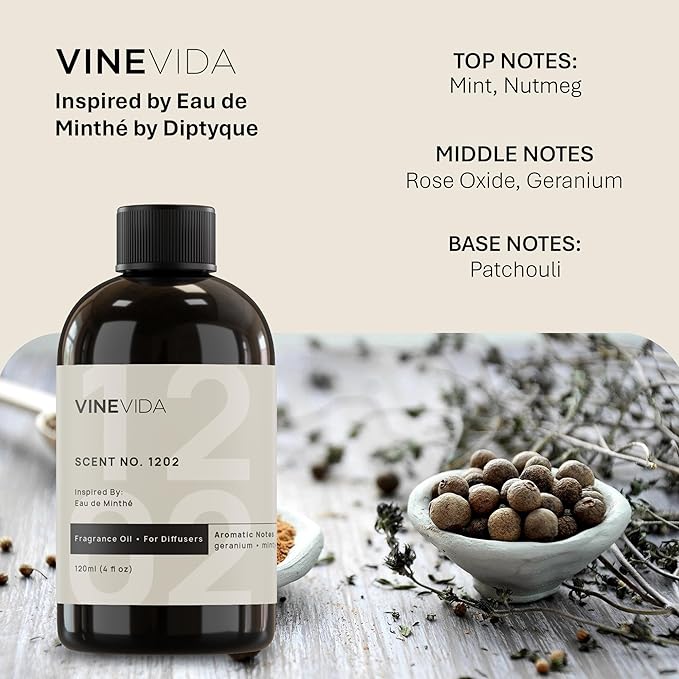 VINEVIDA [4 Fl Oz] Scent NO. 1202 Fragrance Oil for Cold Air Diffusers, Aromatic Notes of Mint, Nutmeg, Rose Oxide & Patchouli Essential Oils for Diffuser Oil Refill & Air Freshener Room Spray - Bloomnest