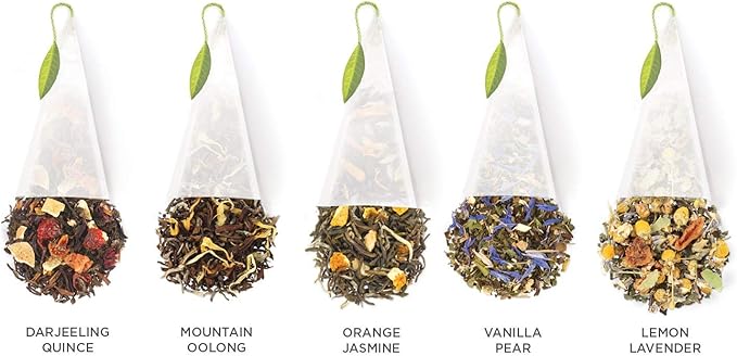 Tea Forte Lotus Presentation Box Tea Gift Set Sampler, 20 Assorted Variety Handcrafted Pyramid Infuser Bags, Black, Green, Oolong, White, Herbal Blends - Bloomnest