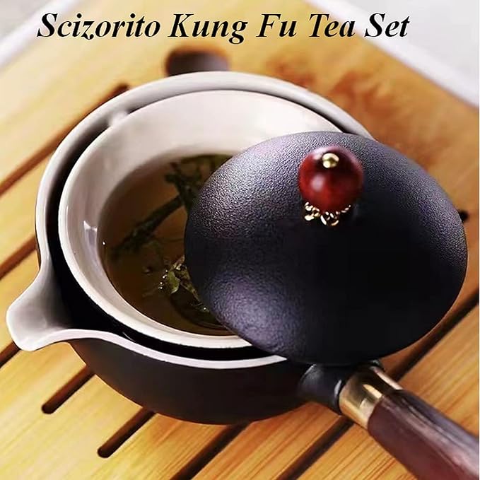 Ceramic Portable Travel Tea Set, Chinese Kungfu Tea Set with 360 Rotation Teapot and Infuser, 4 Tea Cups, Tea Tray And Travel Bag (Black)