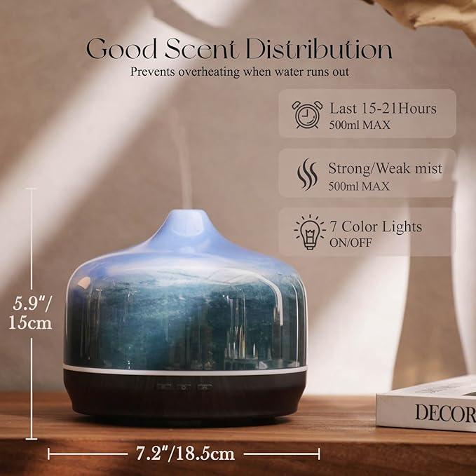 Porseme 500ml Glass Essential Oil Diffuser Aromatherapy Ultrasonic Cool Mist Humidifier 15-21 Running Hours Waterless Auto-Off Air Diffusers for Sleeping Yoga Office Working Spa and Rest (Dreamy Blue) - Bloomnest