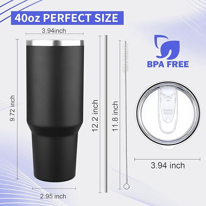 40 oz Tumbler with Lids and Straws Double Wall Vacuum Insulated Tumbler Cup,Stainless Steel Leak-proof Thermal Tumbler Powder Coated Travel Coffee Mug for Cold and Hot Drinks,Black - Bloomnest
