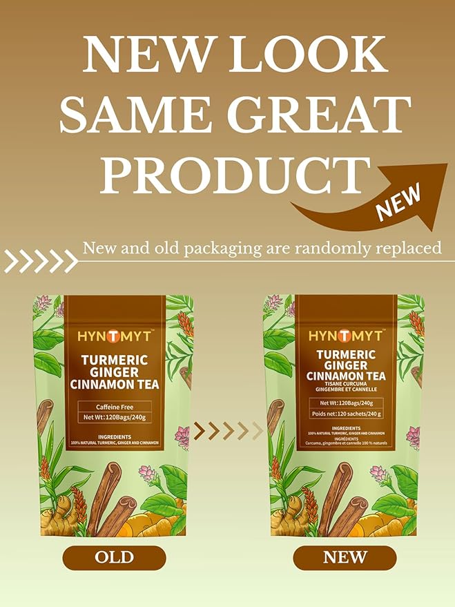 HYNTMYT Turmeric Ginger Cinnamon Tea Bags, Herbal Blend of Turmeric & Ginger Root & Cinnamon, Light Spicy & Sweet Flavor, Caffeine Free, 120 Count - Bloomnest