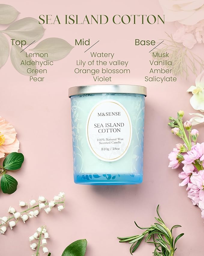 M&SENSE Sea & Cotton Scented Candle, Cracking Wooden Wick Soy Wax, 18oz 100 Hours Long Lasting Clean Burn, Large Summer Candles for Home Decor, Non-Toxic Relaxing Aromatherapy Gifts for Women - Bloomnest