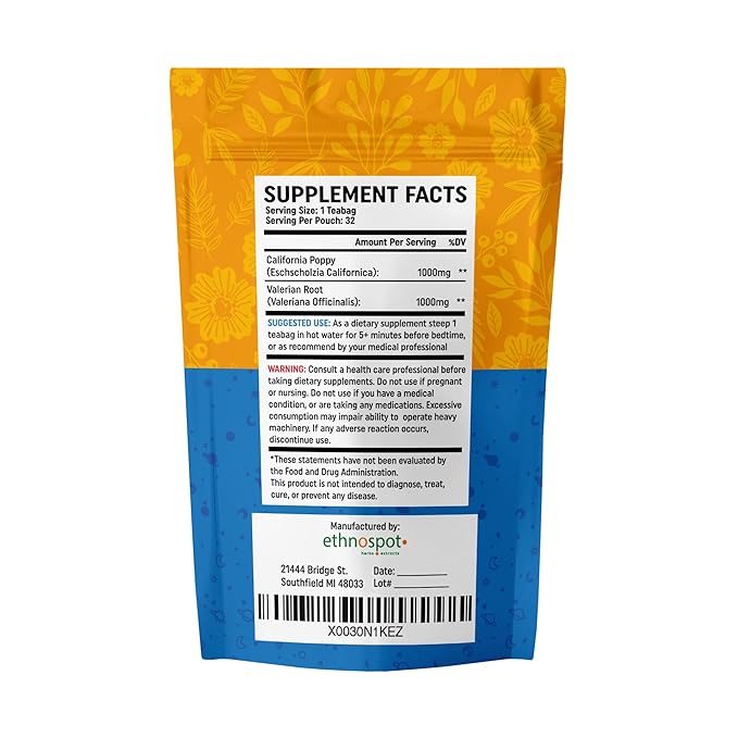 CaliPM Teabags - Natural Sleep Tea with California Poppy & Valerian Root, Herbal Tea for Relaxation & Discomfort Relief, Unsweetened & Vegan, Melatonin-Free, 100% Natural Ingredients - 2 Gram Teabags - 32 Teabags - Bloomnest