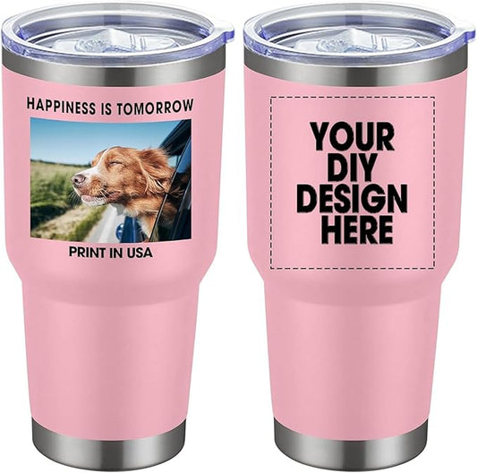 Personalized Custom Tumbler Print in USA 30oz Stainless Steel Coffee Cup with Lid & Straw Double Wall Insulated Tumbler with Colorful Text Logo Photo - Bloomnest