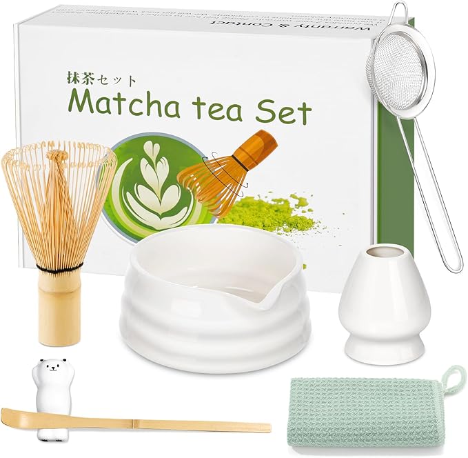 7 Pcs Matcha Whisk Set Macha Kit with Chawan Spout Bowl Bamboo Brush Chasen Holder Powder Starter Sifter Ceramic Japanese Making Matcha Tea Tool with Spoon and Tea Towel for Ceremony Gift (White) - Bloomnest