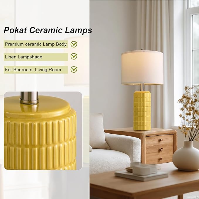 PoKat 23" Yellow Table Lamps Set of 2, Modern Living Room End Table Lamps Decor, Ceramic Lamps for Living Room, Contemporary Nightstand Lamps for Side Console Table Hallway Gift - Bloomnest