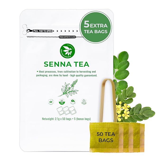 Senna Tea Bags - 55 Count (+5 Tea Bags), 5.29 oz, Bamboo Tong Included, Natural Senna Leaves, Supports Digestive Comfort & Gentle Cleanse, Slightly Bitter Herbal Tea for Daily Wellness - Bloomnest