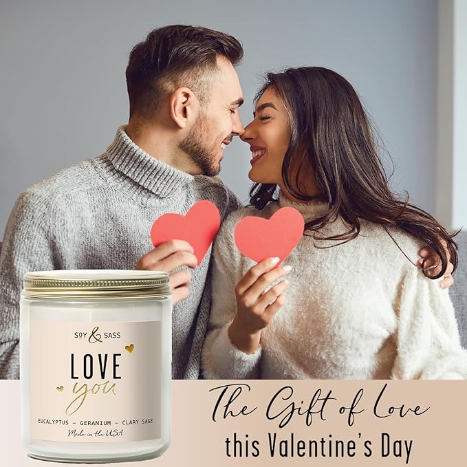 Valentines Day Gifts for Her, Valentine Candles -I Love You Candle, w/Eucalyptus & Geranium I I Love You Gifts for Her I Valentines Day Candle for Wife, Girlfriend I 9oz, 50Hr Burn, USA Made - Bloomnest