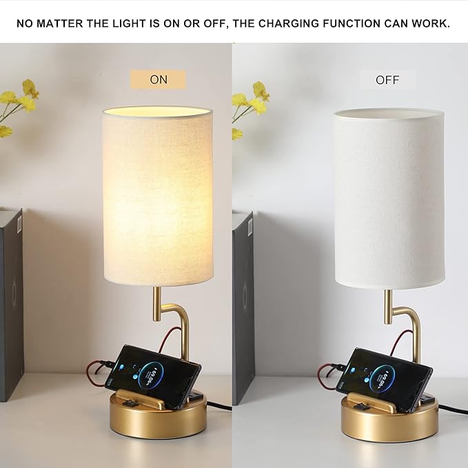 Dreamholder Table Lamp with 3 USB Charging Ports, Modern Desk Lamp with AC Outlet and Phone Stands, Perfect Bedside Lamp for Bedroom, Living Room, Office (Pack of 2), Gold - Bloomnest