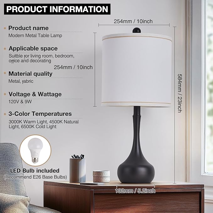 23" Black Metal Modern Table Lamp Set of 2,Farmhouse Bedside Lamps for Living Room, 3 Color Temperature Rustic Table Lamps for Bedroom, Night Stands, Dorm,Office, Home Décor(Bulb Included) - Bloomnest