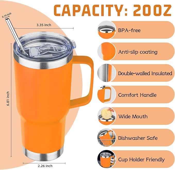 20 oz Tumbler with Handle Stainless Steel Insulated Coffee Mug Tumbler with Lid and Straw Double Wall Vacuum Insulated Coffee Mug Leak Proof Travel Mug Tumbler for Hot and Cold Drink (Mix Color-9) - Bloomnest