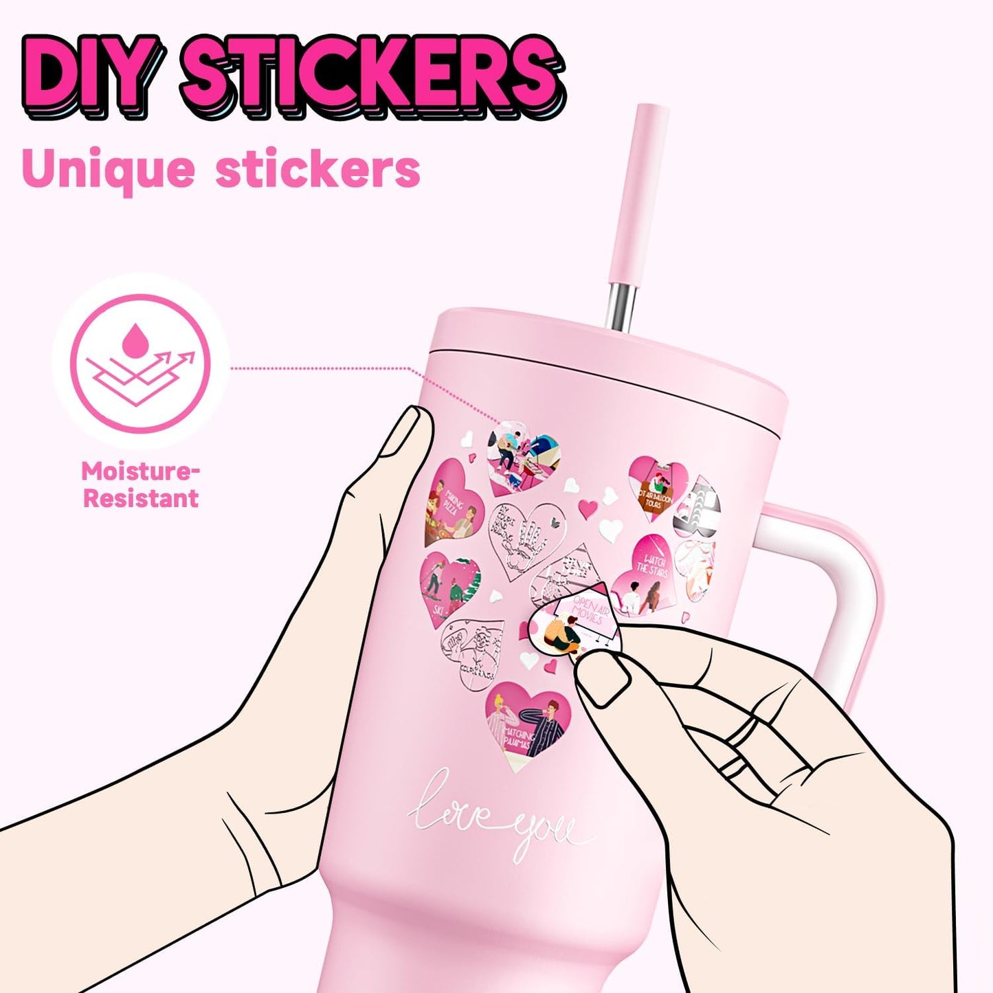 Meoky 40 oz Tumbler with Handle for Couples: Stainless Steel Insulated Tumbler with 24 Waterproof Love Stickers - Girlfriend Boyfriend Wife Husband, Love You