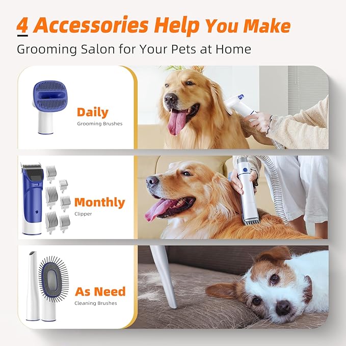 Dog Grooming Kit with Vacuum, All-in-One Pet Grooming Vacuum for Dogs and Cats, Low Noise Pet Hair Clipper & Shedding Brush, Dog Hair Remover, Cat Pet Groomer Set with Cleaning Brushes, White - Bloomnest