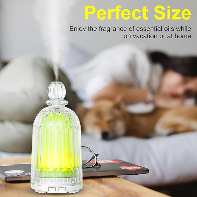 120ml Glass Essential Oil Diffuser, Ultrasonic Aroma Diffuser Glass Cover & Plastic Reservoir with Auto Shut-Off, 7 Colors LED Light for Home, Bedroom, Office, Yoga(White Base) DOUDING
