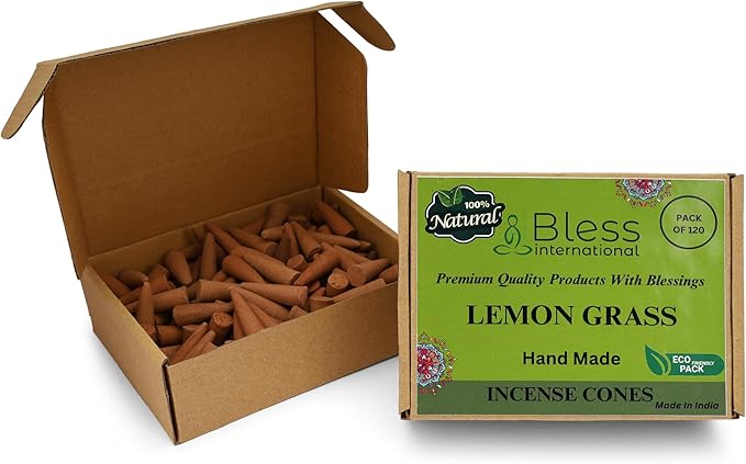 Bless International Lemon Gras 100%-Natural-Incense-Cones Handmade-Hand-Dipped Organic-Chemicals-Free for-Purification-Relaxation-Positivity-Yoga-Meditation The-Best-scents (120 Count)