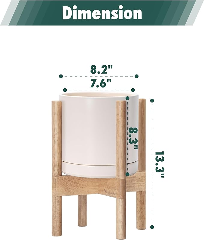 D'vine Dev Ceramic Planter with Natural Stand - 8 Inch Modern Round Flower Pot with Wood Planter Holder, Oatmeal, 55-B-N-8 - Bloomnest