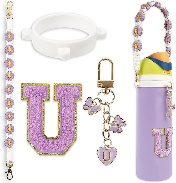 Compatible with Owala Water Bottle Accessories, Cute Letter Charm Set with Boho Handle Strap, Monogram Sticker, Silicone Ring, Keychain Decoration, for FreeSip 24 32 40oz, Owala Kids, Tumbler Gift SITKOL