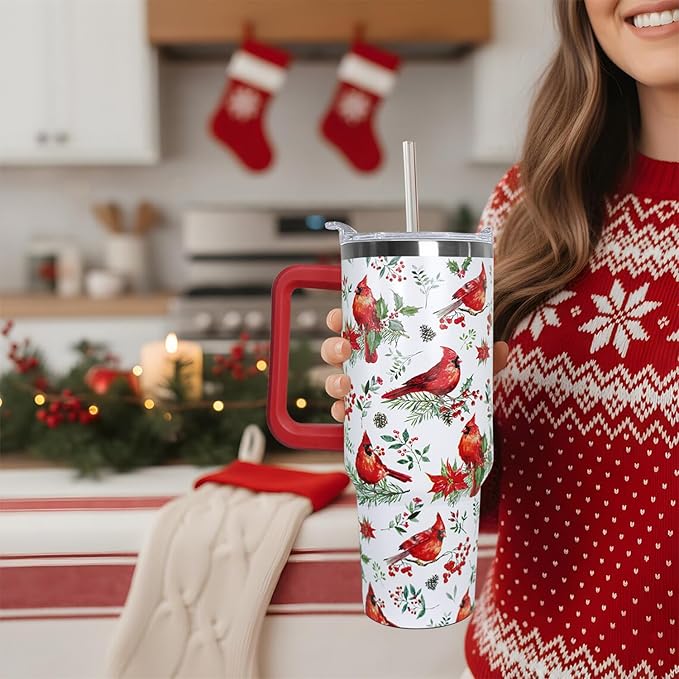 Ceovfoi 40 Oz Red Cardinal Tumbler With Handle,Christmas Coffee Travel Mug Cup, Red Cardinal Decor, Christmas Gifts for Women - Bloomnest