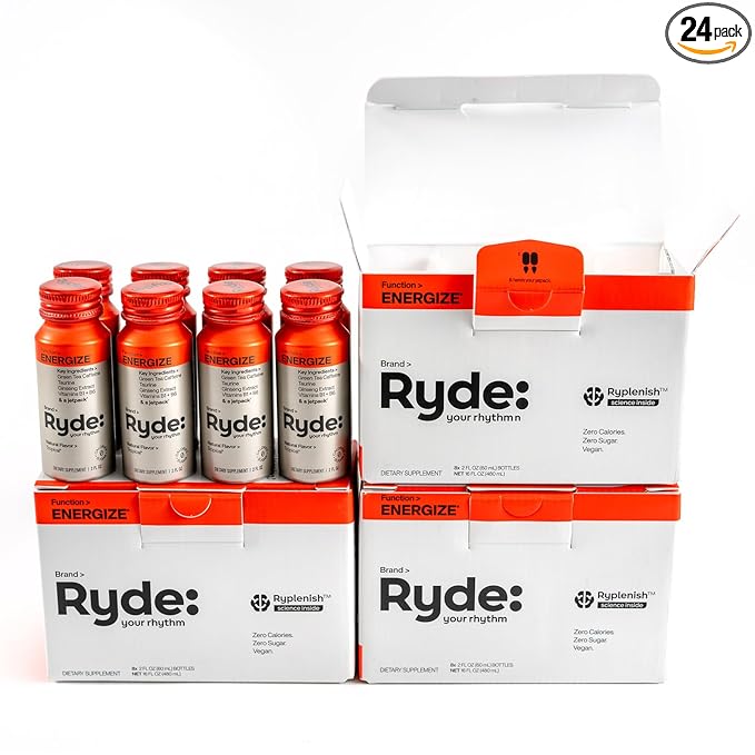 Ryde: Energize Shot | Tropical Flavor | Green Tea Caffeine, Taurine, Ginseng Extract & B Vitamins | 0 Calories, 0 Sugar | 2 FL OZ Shots | Boosts energy* (24 Pack) - Bloomnest