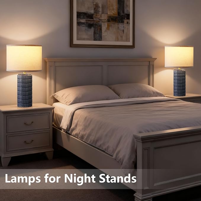 Modern Ceramic Table Lamp Set of 2, Bedside Lamp for Bedroom Decor, Nightstand Lamp with 3 Color Temperatures, Desk Light for Living Room Dorm Office, Blue - Bloomnest