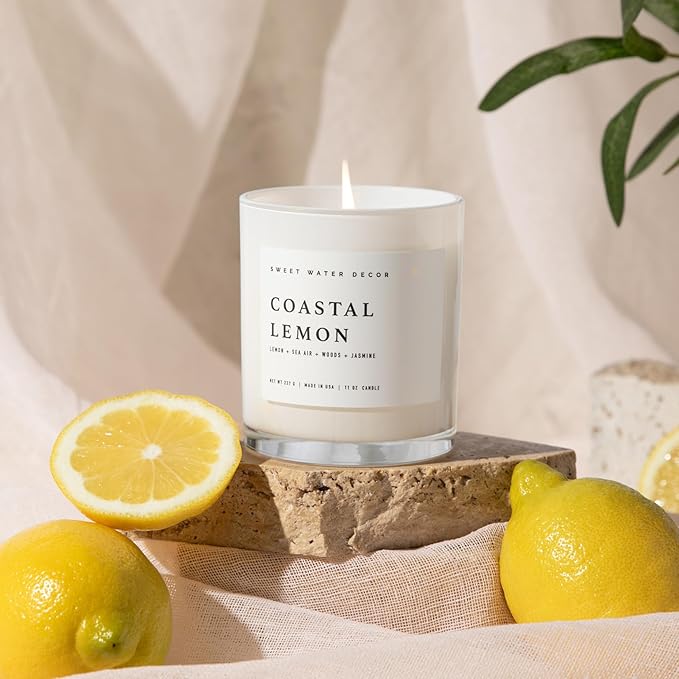 Sweet Water Decor Coastal Lemon Scented Candles - Soy Candles with Lemon, Sea Salt, & Driftwood for Home Decor - Candle Wax with 50 Hours Burn Time - 11Oz Wood Lid White Jar Candles for Home Scented - Bloomnest
