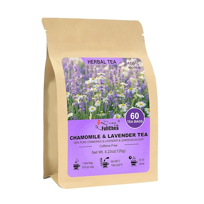 FullChea - Chamomile Lavender Tea Bags for Relaxation & Better Sleep - 60 Count - Caffeine-Free Blend Herbal Tea - Premium Chamomile & Lavender Flowers - Bloomnest