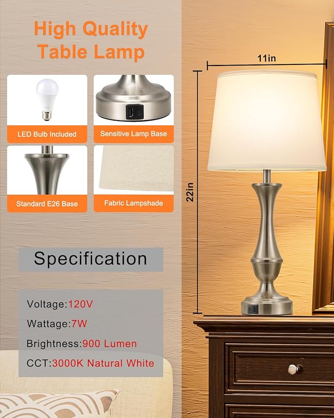 Seealle Upgraded Touch Lamps for Night Stands Set of 2 - Bedside Lamps with USB C+A, 3 Way Dimmable for Bedroom Living Room End Tables Office (White&Nickel) - Bloomnest