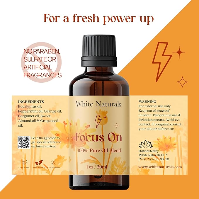 White Naturals Focus On Essential Oil Blend – Refreshing Aromatherapy Oil for Clarity & Attention, 100% Pure & Natural Essential Oils for Productivity, 1oz - Bloomnest