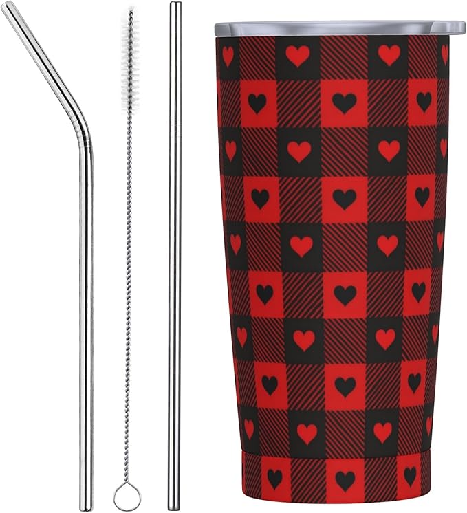 Buffalo Plaid Tumbler with Lid and Straw 20 oz Stainless Steel Cup Insulated Tumbler Coffee Mug for Home Office or Car Christmas Birthday Gifts - Bloomnest