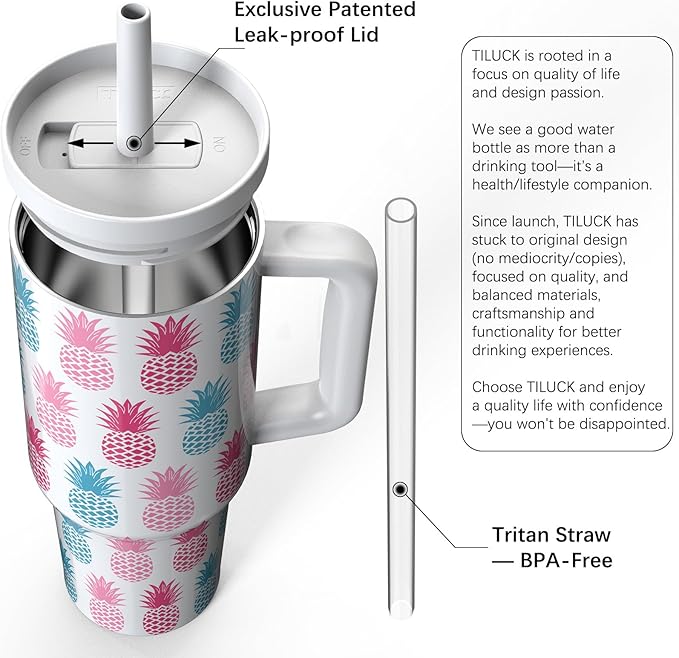 TILUCK 40 oz Tumbler with Handle, Vacuum Insulated Stainless Steel Travel Mug with 100% Leak-Proof Silicone Straw Lid, Cupholder Friendly Water Bottle(Pineapple, 40oz) - Bloomnest