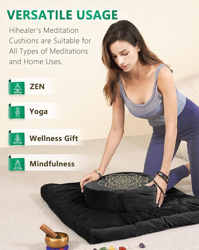 Hihealer Meditation Cushion Set Large Velvet Floor Pillow & Traditional Tibetan Yoga Bolster for Adults Zafu Meditation Mat with Buckwheat Filling (Black) - Bloomnest