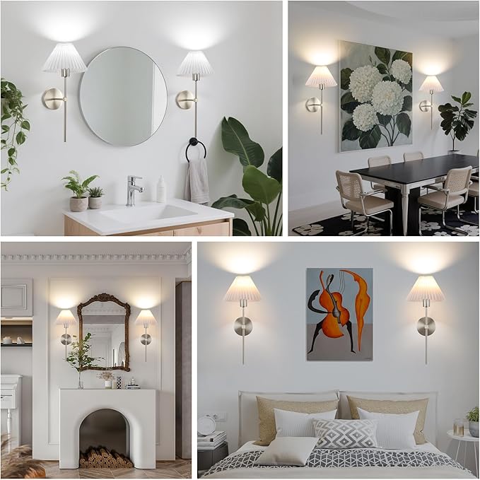 Wireless Wall Sconce Sets of 2, Pleated Shades Rechargeable Battery Operated Wall Sconce, Retro Industrial Brushed Nickel Bathroom Vanity Lights, Wall Mounted Lamps for Bedroom Living Room Hallway - Bloomnest
