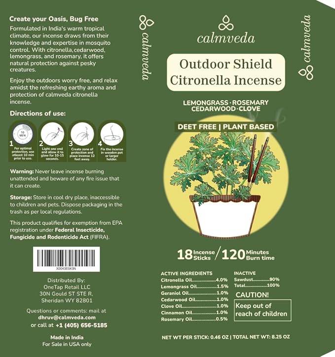 Natural Citronella Incense Sticks Outdoor - (18 Sticks, 40 hrs Protection) for Safety on Patio, Camping etc | DEET Free, Powered with Indian Neem & Essential Oils - Bloomnest