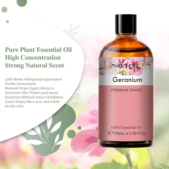 Geranium 3.38fl.oz Essential Oil, PHATOIL Aromatherapy Essential Oils for Diffuser, Humidifier, Perfect for DIY Soap, Candle, Bath Bombs Making(100ml) PHATOIL