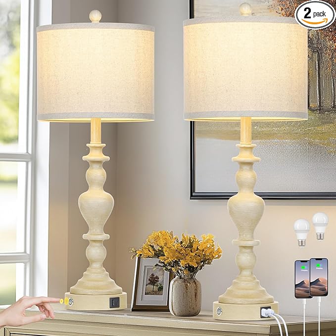 27" Farmhouse Lamps Set of 2 with USB C+A Charging Ports, Vintage Rustic Touch Control Table Lamp for Living Room, 3-Way Dimmable Traditional Nightstand Bedside Lamp for Bedroom Resin Washed Beige - Bloomnest
