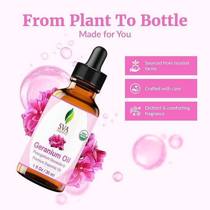 SVA Geranium Essential Oil Organic – 1 Fl Oz – 100% Natural Organic Geranium Oil - for Diffuser, Hair Care, Face, Skin Care, Aromatherapy, Scalp and Body Massage, Soap and Candle making – with Dropper - Bloomnest