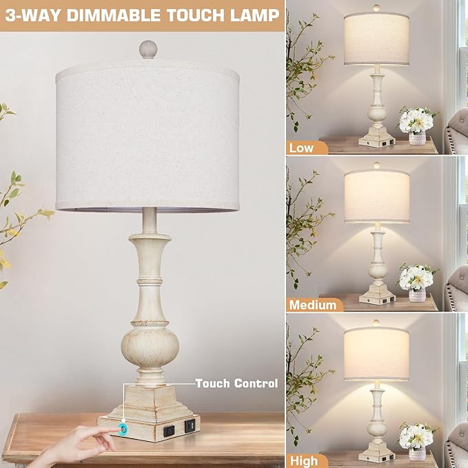 26" Farmhouse Table Lamp, Vintage Rustic Touch Control Bedside Lamp with 2 USB Ports & AC Outlet, Boho Resin 3-Way Dimmable Nightstand Lamp Linen Fabric Shade for Living Room Bedroom End Table White - Bloomnest