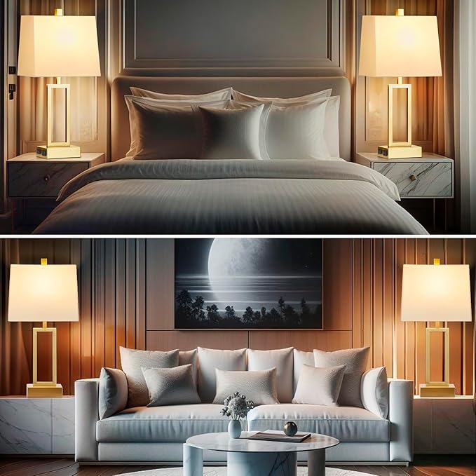 Touch Control Table Lamps Set of 2, Modern Gold Bedside Lamps with USB A+C Ports & AC Outlet, 3 Way Dimmable Contemporary Nightstand Lamps for Bedroom Living Room(LED Bulb Included) - Bloomnest