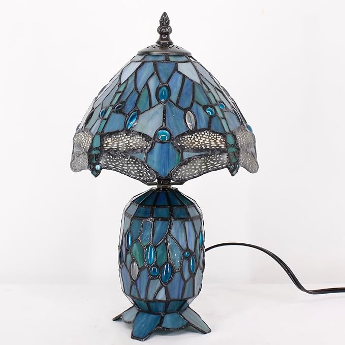 Small Tiffany Lamp Stained Glass Table Lamp Mini Mother Daughter Vase Desk Accent Light for Bedroom Bedside Reading Home Antique Style Decor 8X14 Inches (Sea Blue Dragonfly) - Bloomnest