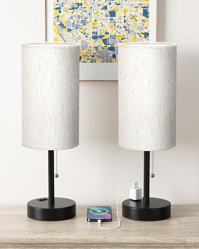 Fenmzee Plus Bedside Table Lamps Set of 2-3 Color Temperatures Pull Chain Lamp with AC Outlet Charging Port, Round Night Stand Lamps for Bedroom Guest Room Office, Bed Side Light with E26 LED Bulbs - Bloomnest