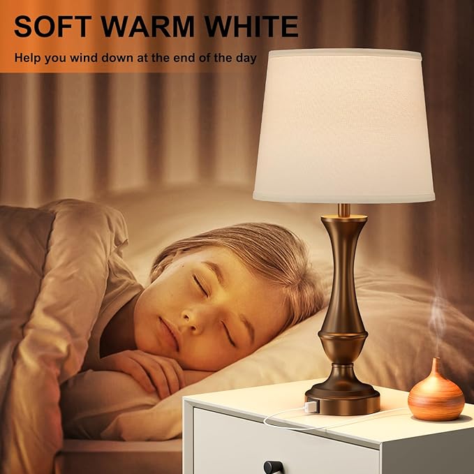 Seealle Upgraded Touch Lamps for Night Stands Set of 2 - Bedside Lamps with USB C+A, 3 Way Dimmable for Bedroom Living Room End Tables Office (White&Brown) - Bloomnest