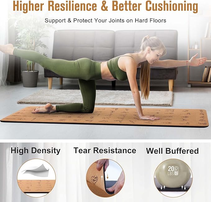 Premium Cork Yoga Mat 1/4 & 2/5 Inch Thick 72 x 26 in, Thick Cork and TPE Non Slip Yoga Mats for Women Men, Sweat Proof Eco-friendly, Great for Hot Yoga & Workouts - Bloomnest